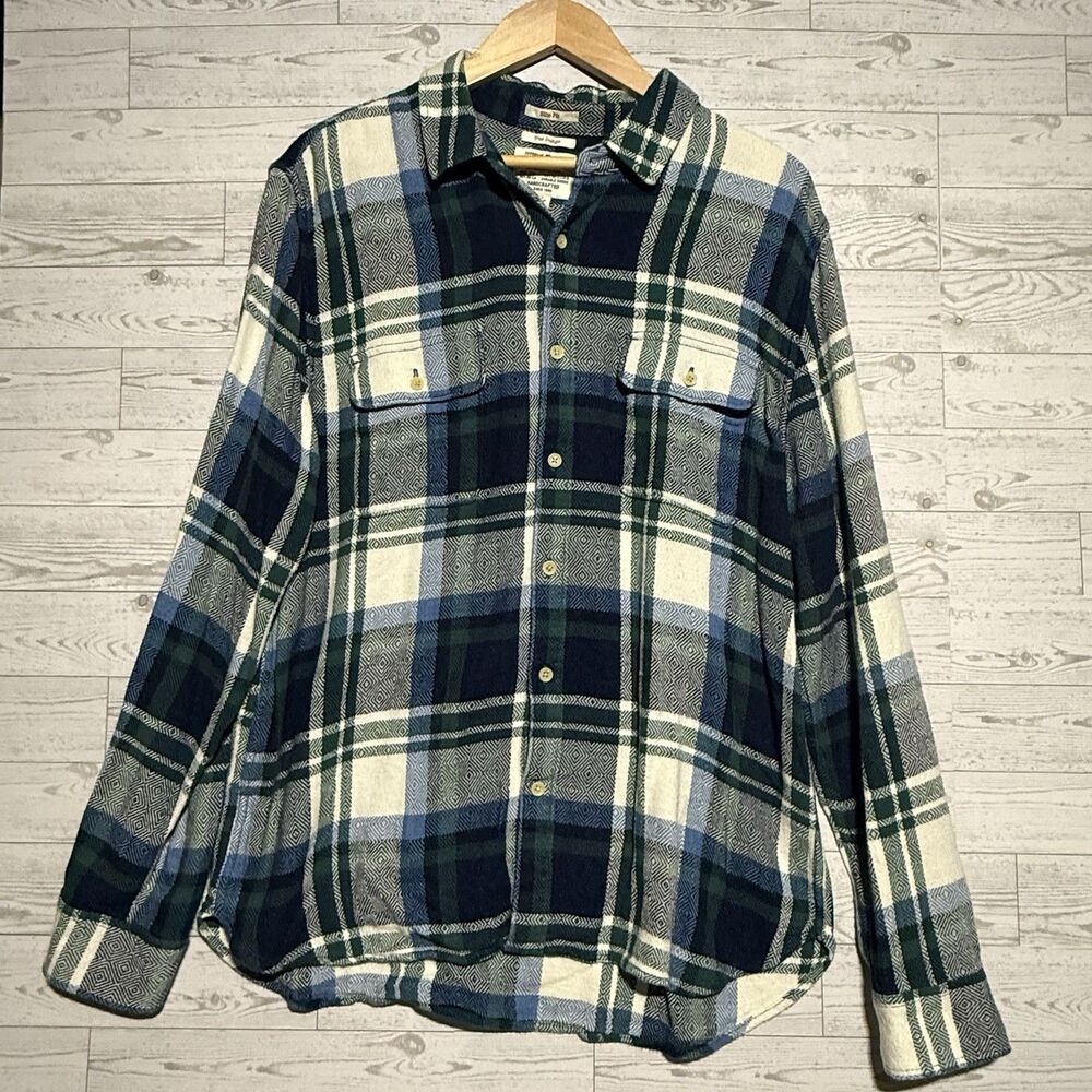 Lucky Brand True Indigo Blue Green Plaid Button Up Shirt Slim Fit Men's Size XL